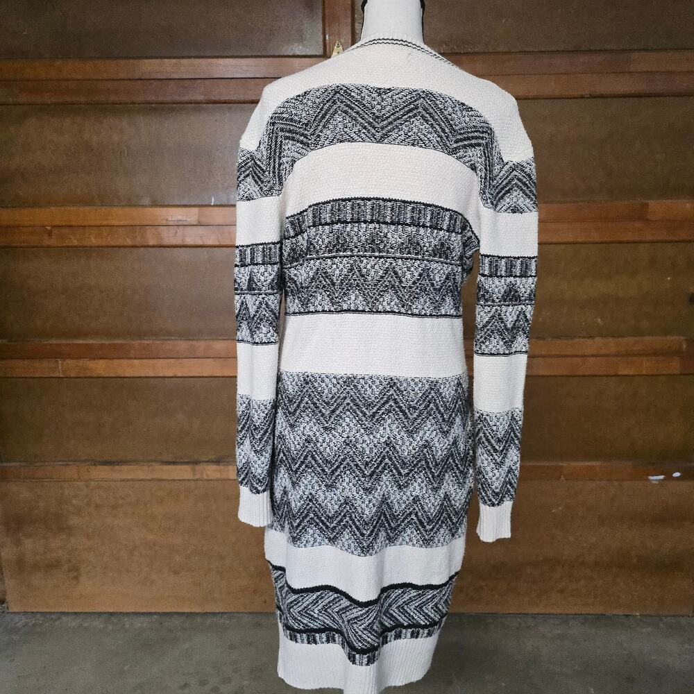 Lucky Brand Long Cardigan Sweater M Ivory Black Fair Isle Boho Duster Soft Cozy - Picture 3 of 9